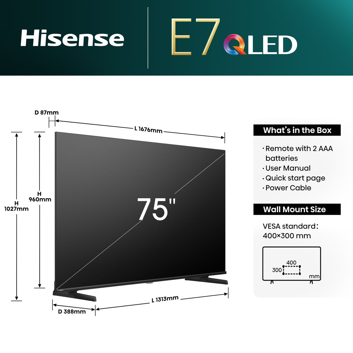 Hisense 75E7N  75 Inch 4K UHD QLED Smart TV with Quantum Dot & Dolby Vision (Each)