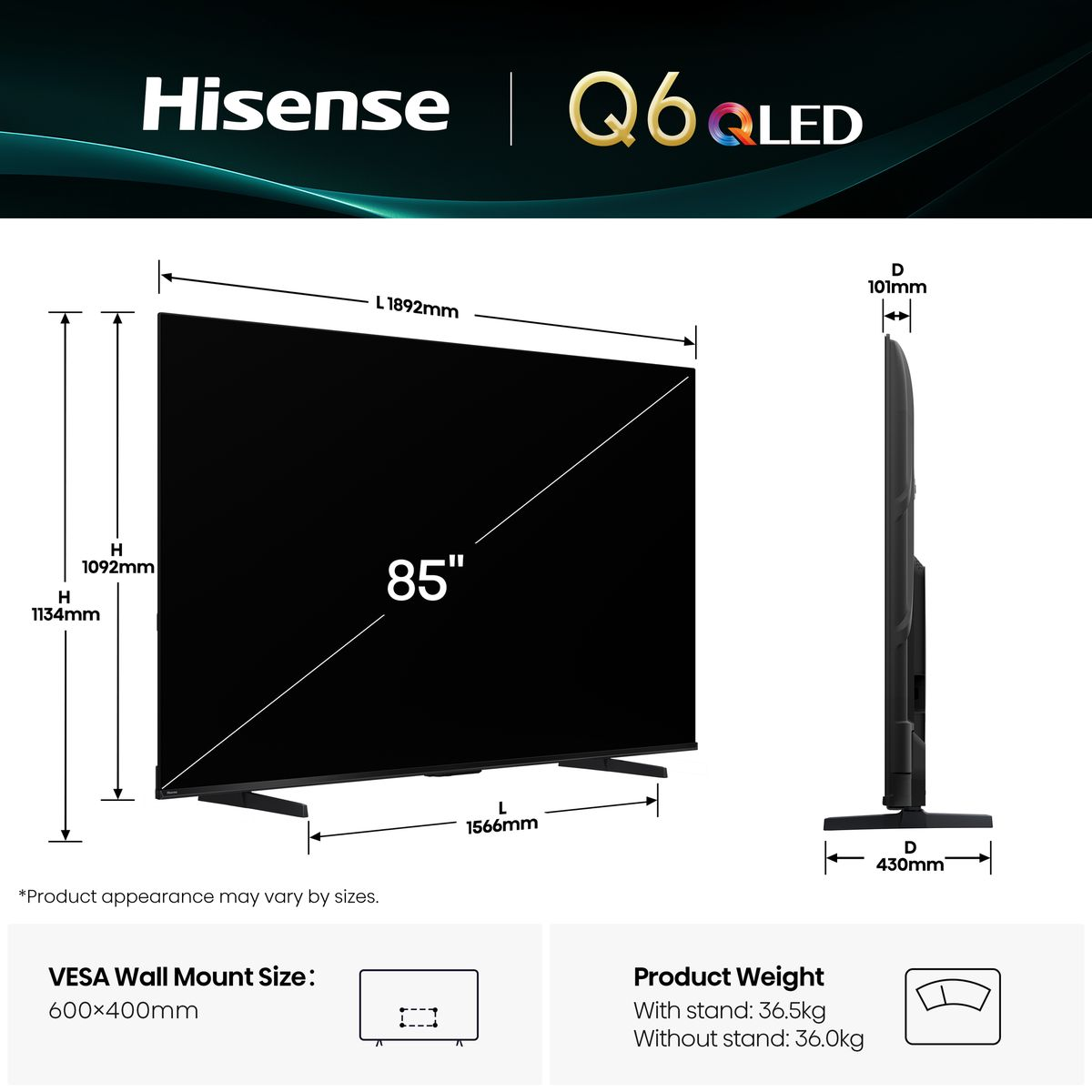 Hisense 86Q6Q 86 Inch 4K Smart QLED TV with Quantum Dot & Dolby Vision (Each)