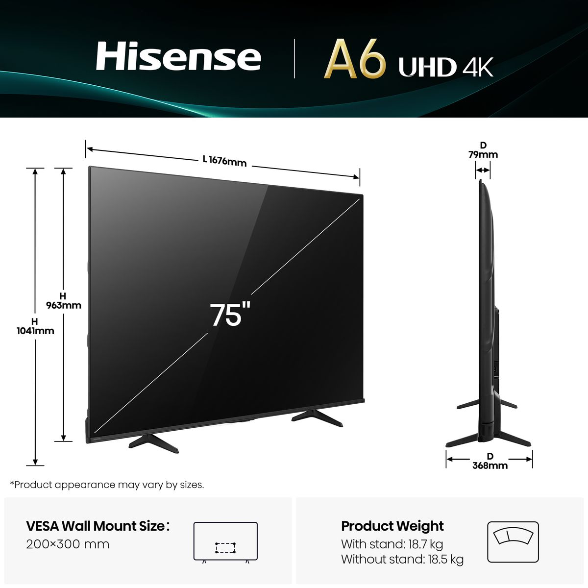Hisense 75A6Q 75 Inch 4K UHD Smart TV with HDR & Dolby Digital (Each)