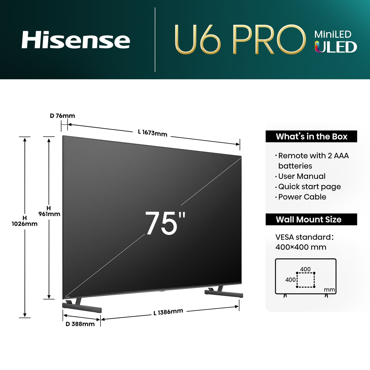 Hisense 75U6N 75 Inch PRO Mini-LED ULED 4K Smart TV with Dolby Atmos & HDR (Each)